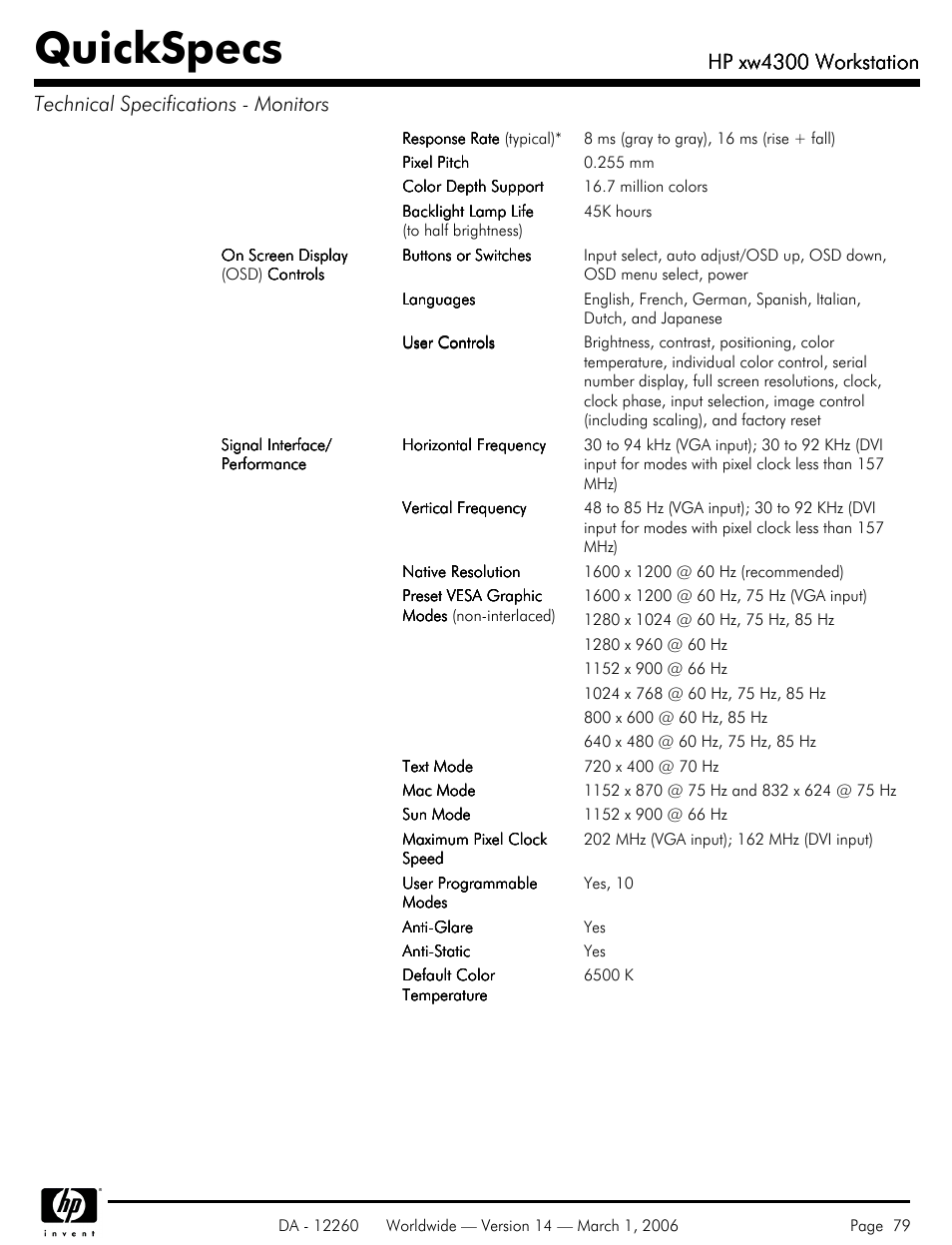 Quickspecs, Hp xw4300 workstation | HP XW4300 User Manual | Page 79 / 85