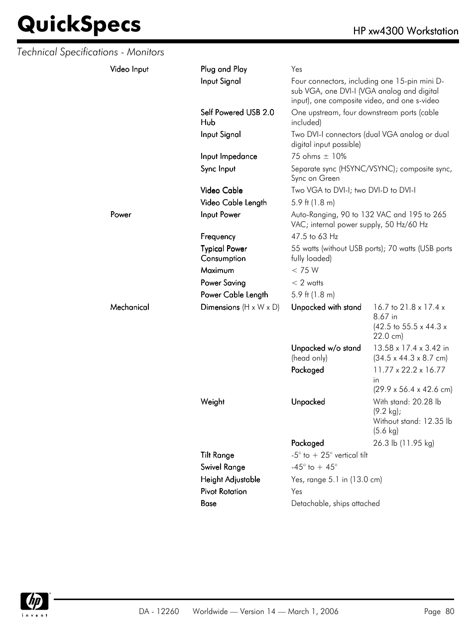 Quickspecs, Hp xw4300 workstation | HP XW4300 User Manual | Page 80 / 85