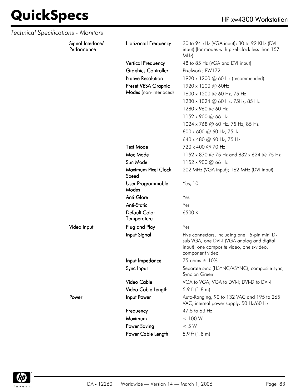 Quickspecs, Hp xw4300 workstation | HP XW4300 User Manual | Page 83 / 85