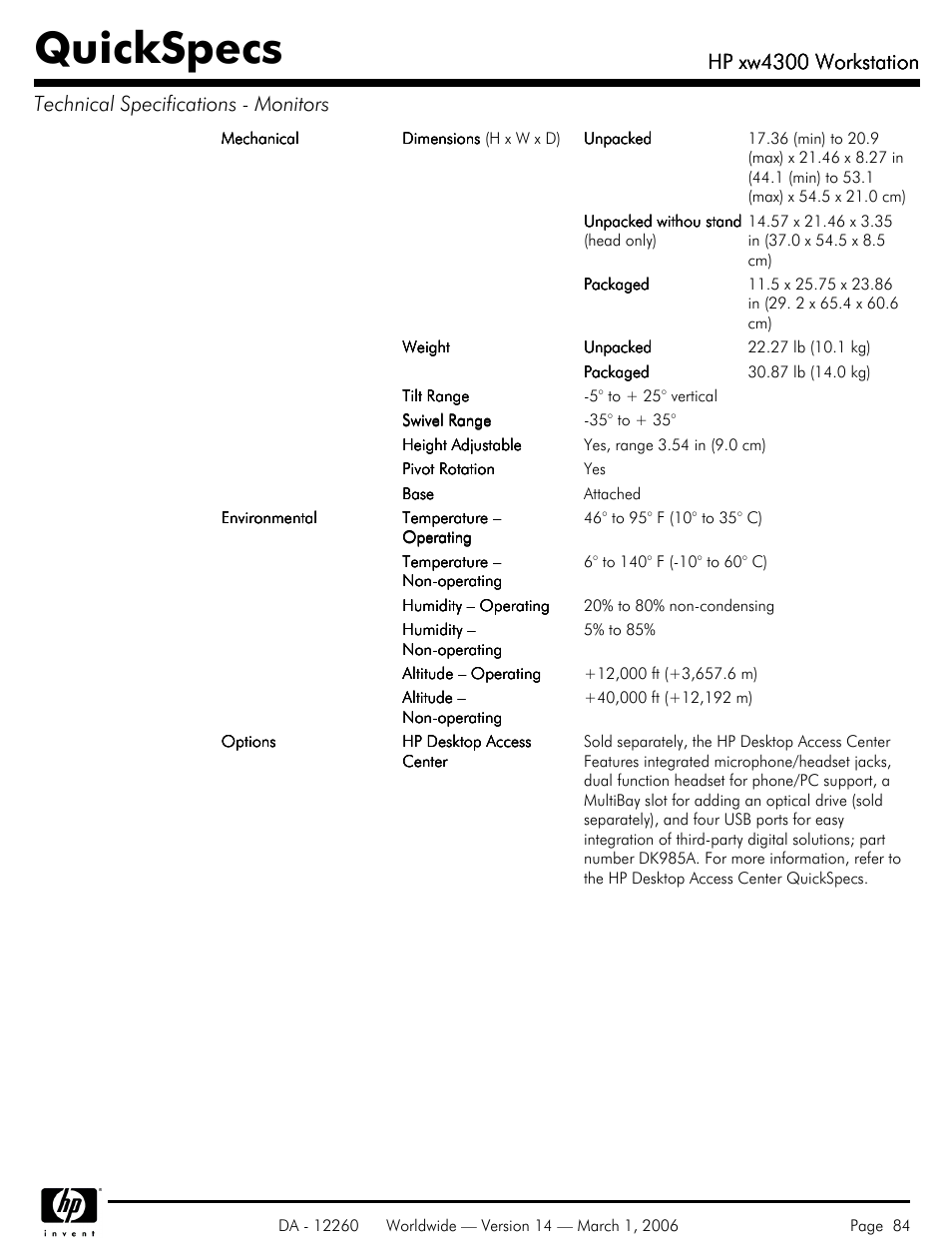 Quickspecs, Hp xw4300 workstation | HP XW4300 User Manual | Page 84 / 85