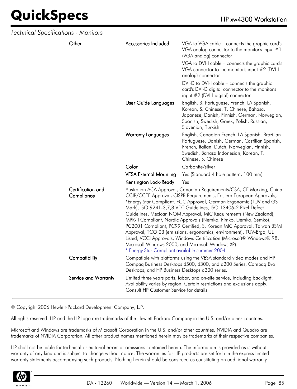 Quickspecs, Hp xw4300 workstation | HP XW4300 User Manual | Page 85 / 85