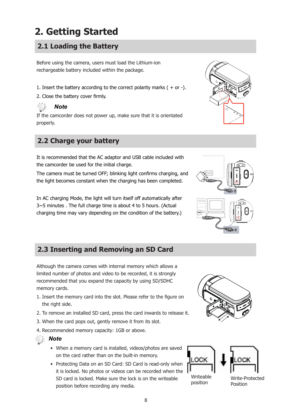 Getting started, 1 loading the battery, 2 charge your battery | 3 inserting and removing an sd card | HP T500 User Manual | Page 12 / 45