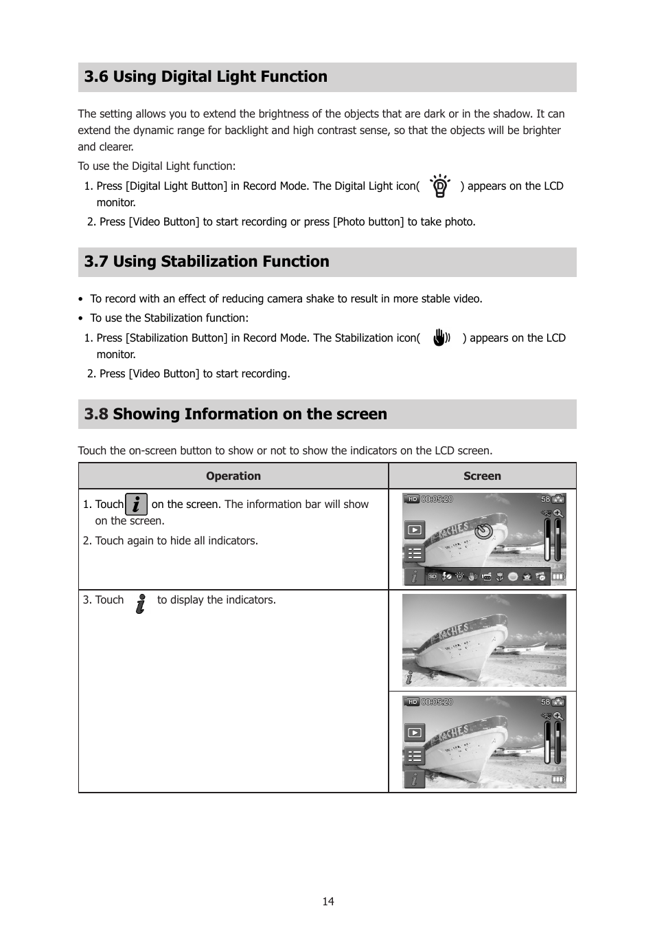 6 using digital light function, 7 using stabilization function, 8 showing information on the screen | Showing information on the screen | HP T500 User Manual | Page 18 / 45