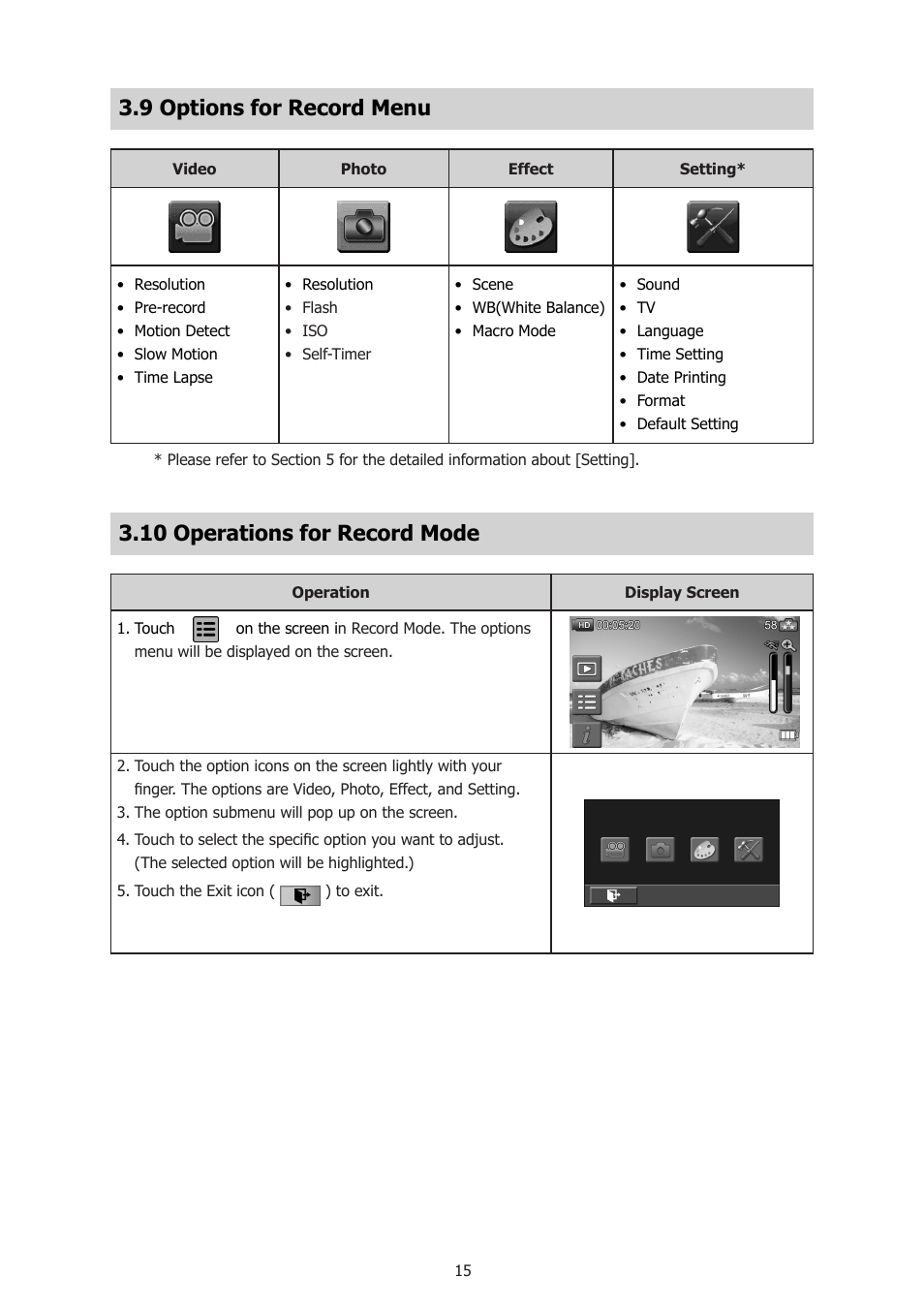 9 options for record menu, 10 operations for record mode | HP T500 User Manual | Page 19 / 45