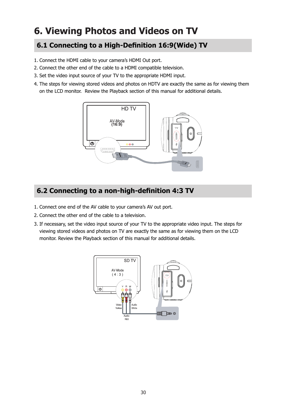 Viewing photos and videos on tv, 1 connecting to a high-definition 16:9(wide) tv, 2 connecting to a non-high-definition 4:3 tv | HP T500 User Manual | Page 34 / 45