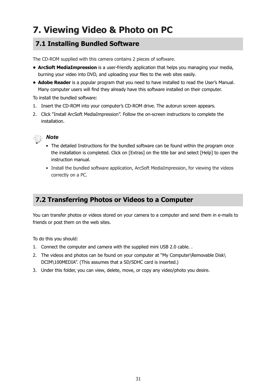 Viewing video & photo on pc, 1 installing bundled software, 2 transferring photos or videos to a computer | HP T500 User Manual | Page 35 / 45