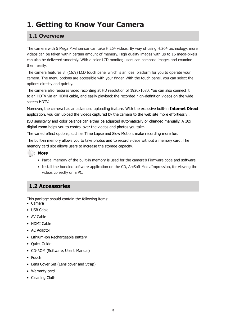 Getting to know your camera, 1 overview, 2 accessories | 1 overview 1.2 accessories | HP T500 User Manual | Page 9 / 45