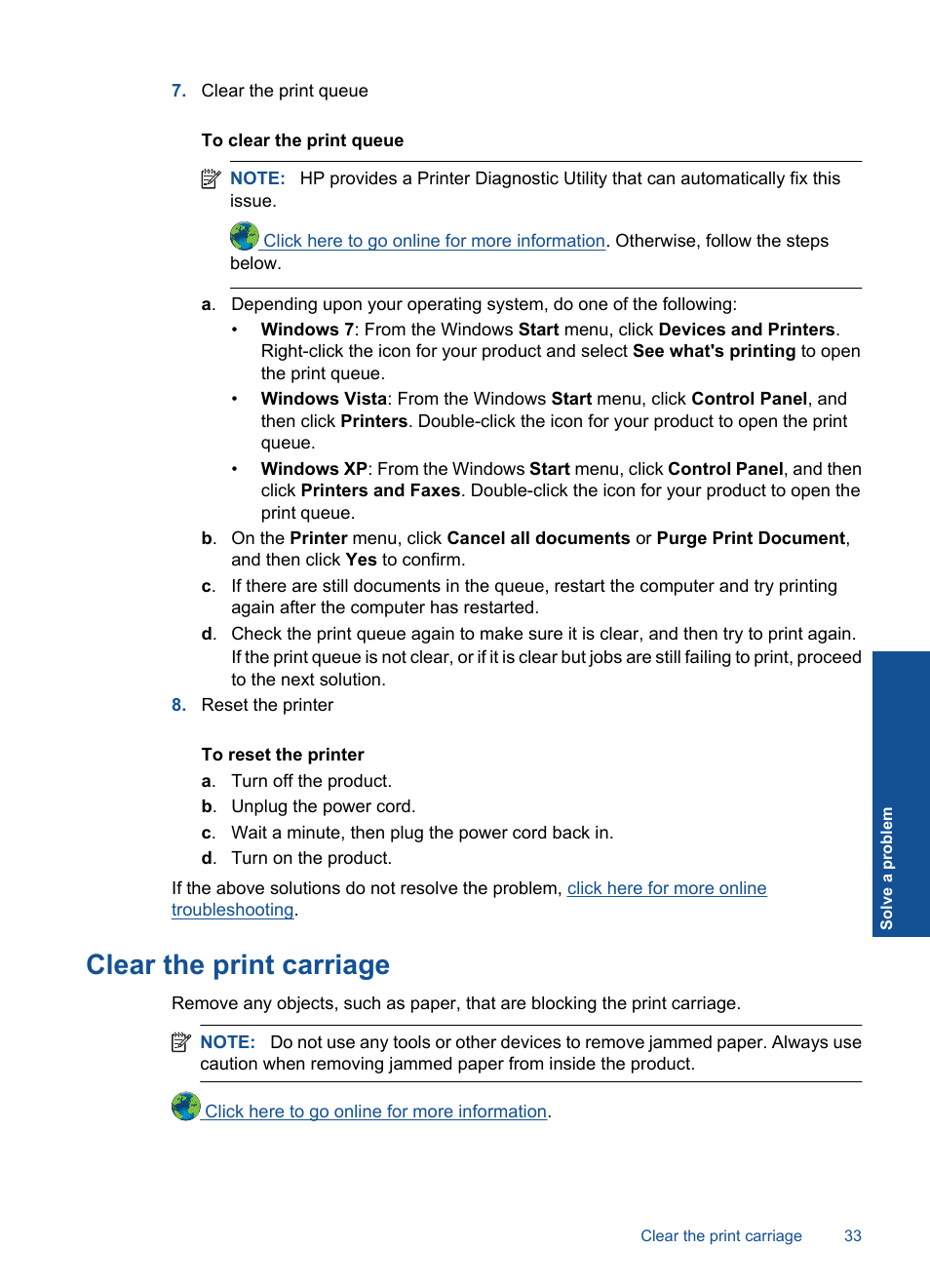 Clear the print carriage | HP DESKJET 1000 J110 User Manual | Page 35 / 48