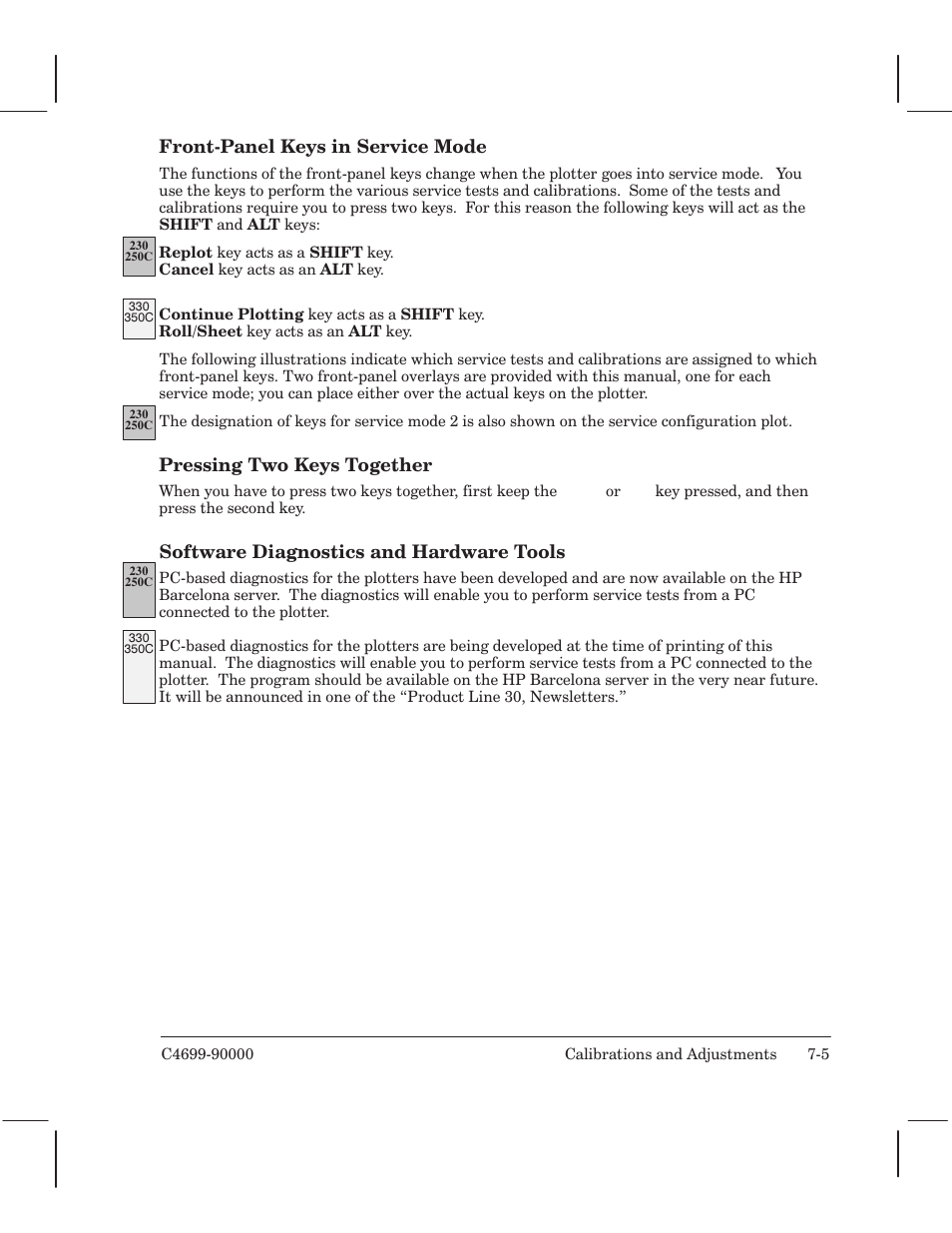 Frontćpanel keys in service mode, Pressing two keys together, Software diagnostics and hardware tools | HP 250C User Manual | Page 113 / 268