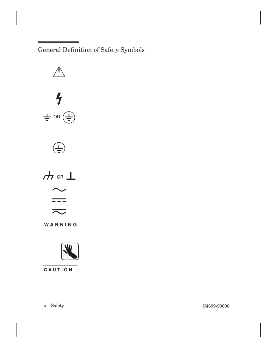 Safety symbols, General definition of safety symbols | HP 250C User Manual | Page 12 / 268