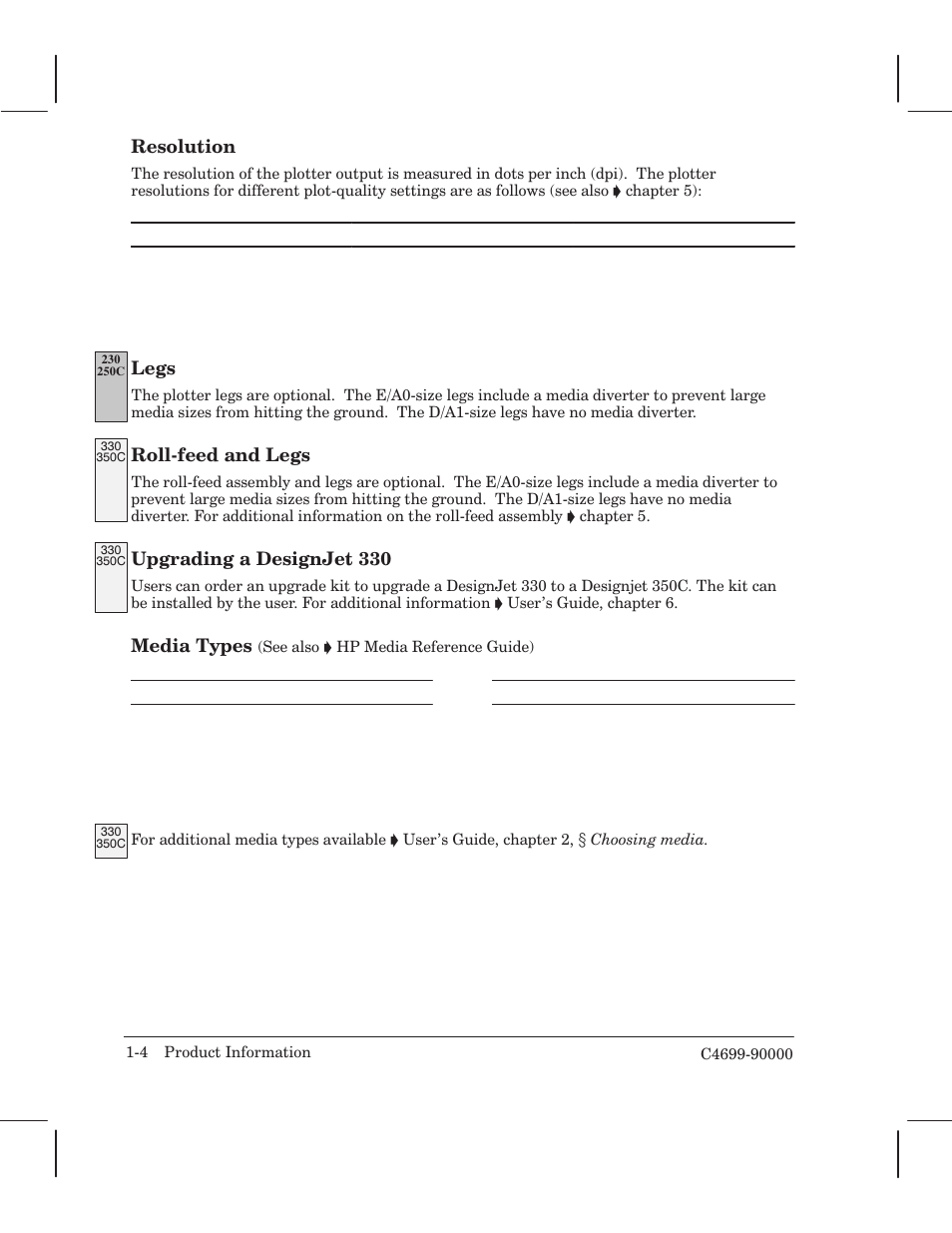 Resolution, Legs, Rollćfeed and legs | Upgrading a designjet 330, Media types | HP 250C User Manual | Page 16 / 268