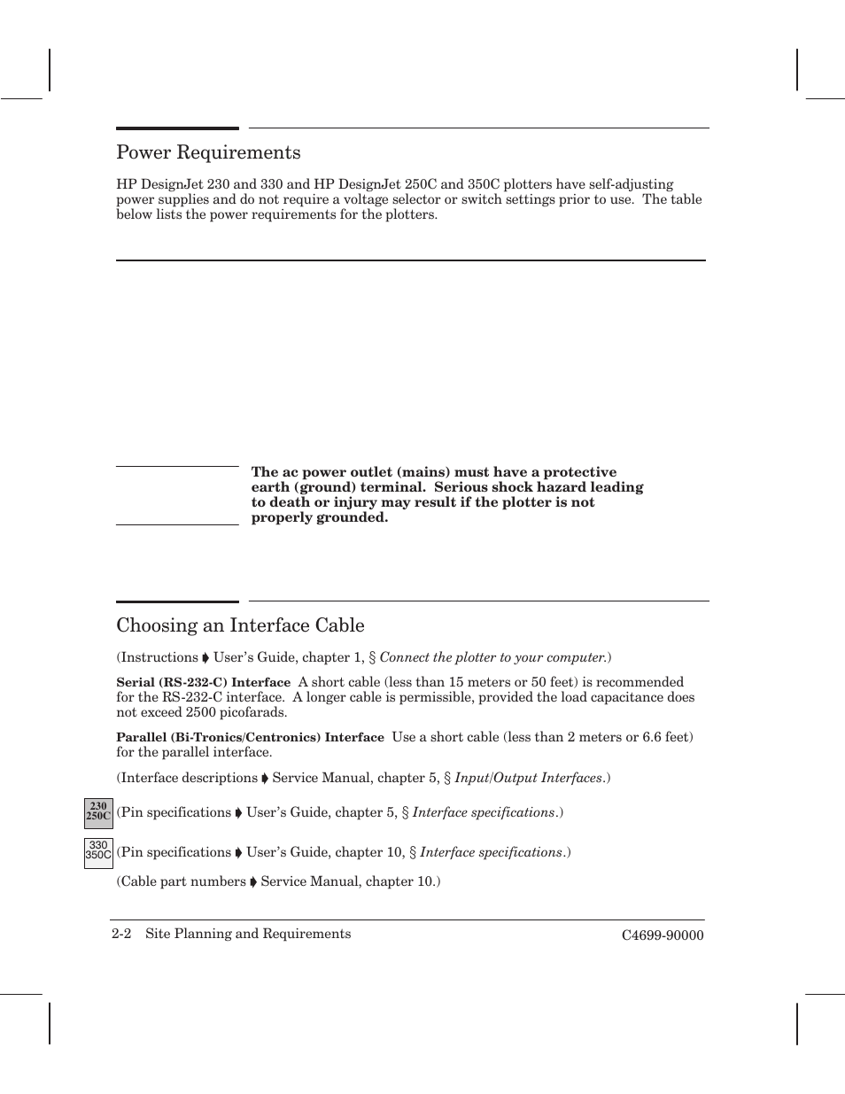 Power requirements, Choosing an interface cable | HP 250C User Manual | Page 20 / 268