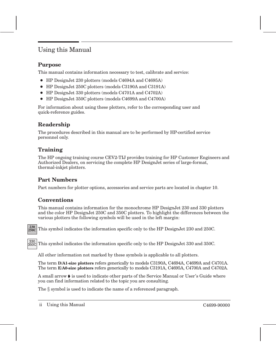 Using this manual | HP 250C User Manual | Page 4 / 268