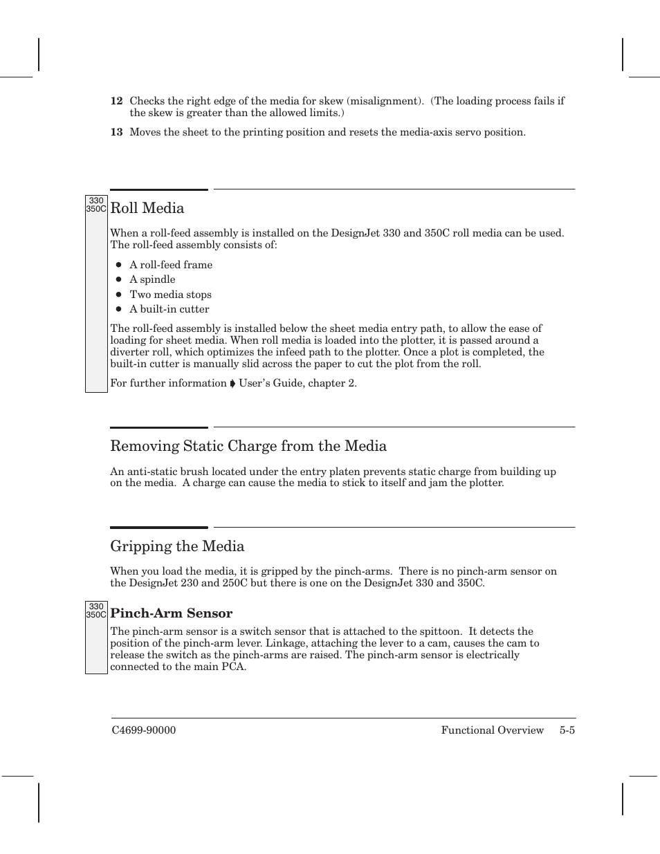 Roll media, Removing static charge from the media, Gripping the media | HP 250C User Manual | Page 47 / 268