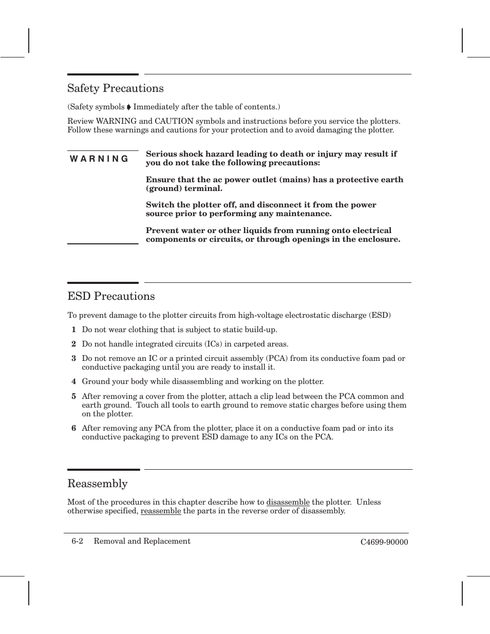Safety precautions, Esd precautions, Reassembly | HP 250C User Manual | Page 60 / 268