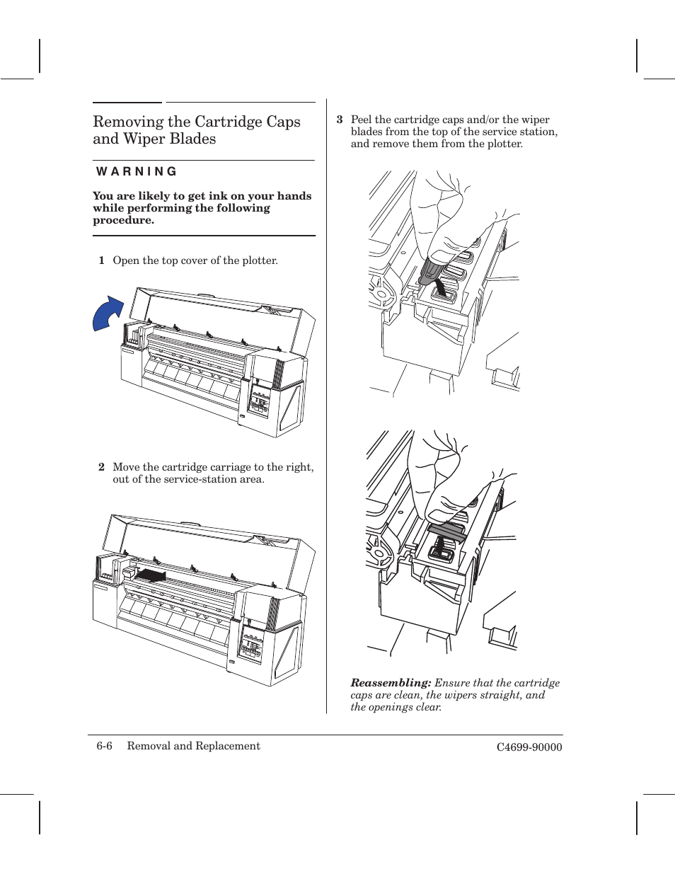 Removing the cartridge caps and wiper blades | HP 250C User Manual | Page 64 / 268