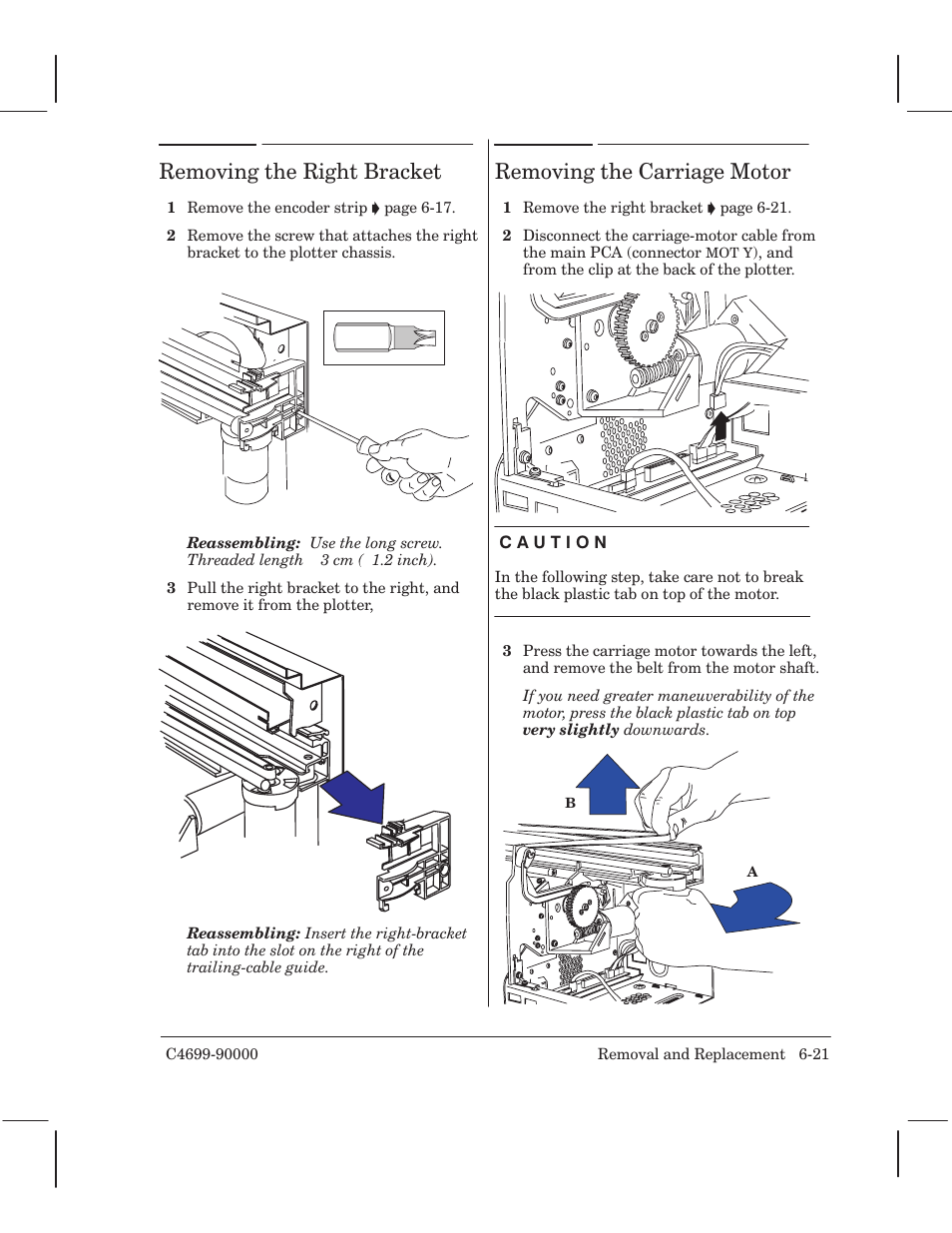 Removing the right bracket, Removing the carriage motor | HP 250C User Manual | Page 79 / 268