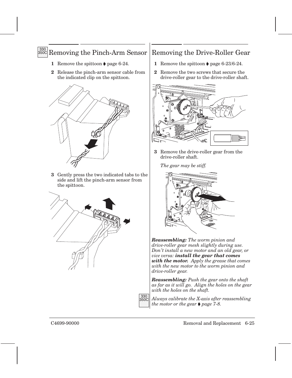 Removing the pinchćarm sensor, Removing the drivećroller gear | HP 250C User Manual | Page 83 / 268