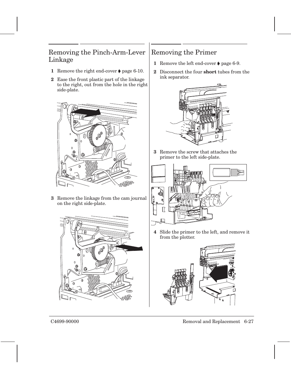 Removing the pinchćarmćlever linkage, Removing the primer | HP 250C User Manual | Page 85 / 268