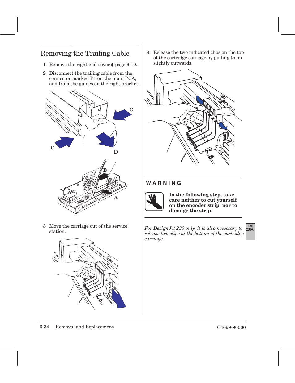 Removing the trailing cable | HP 250C User Manual | Page 92 / 268
