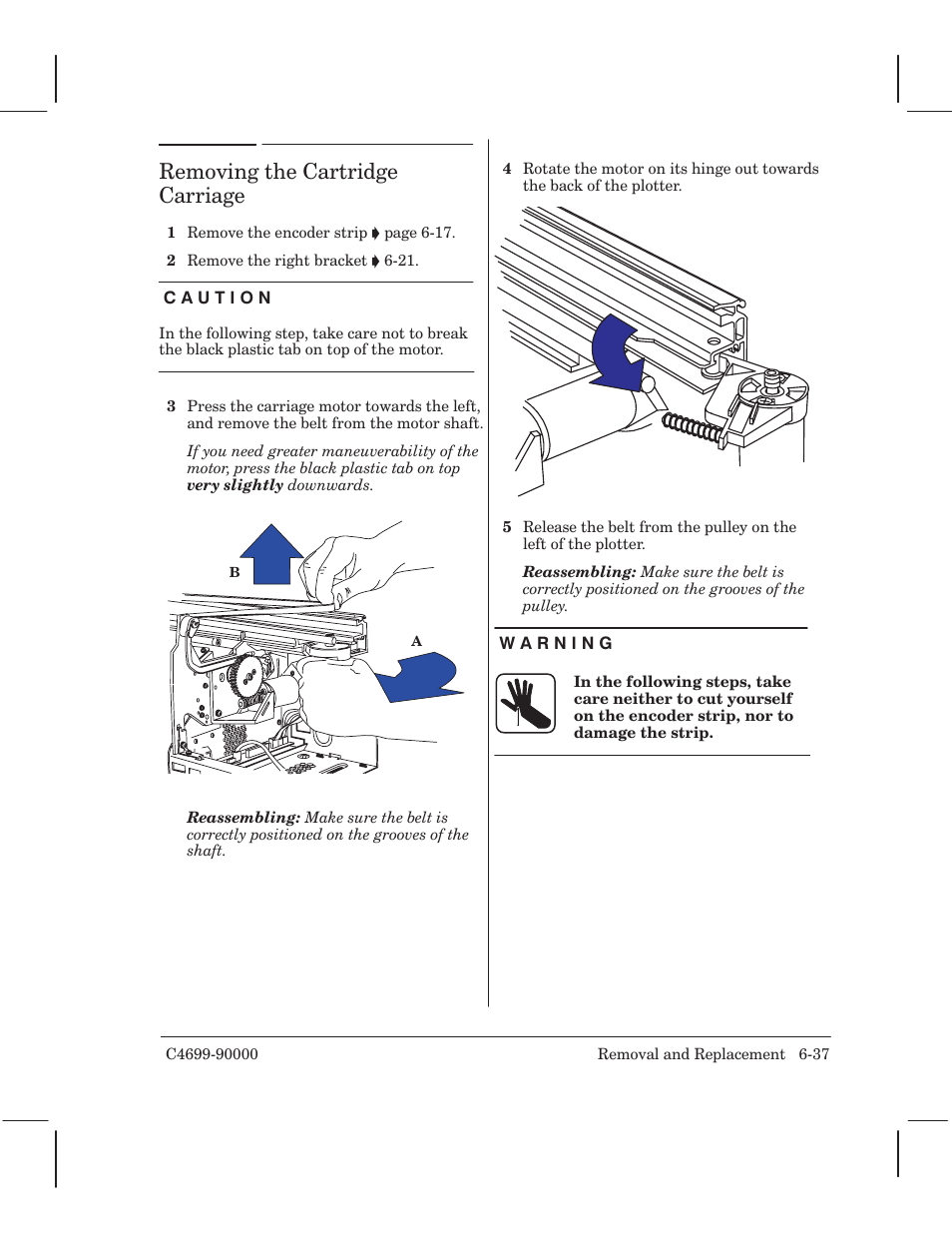 Removing the cartridge carriage | HP 250C User Manual | Page 95 / 268