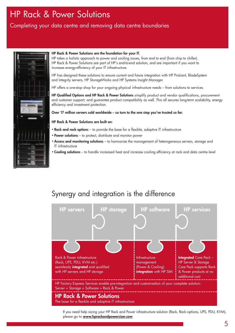 Hp rack & power solutions, Synergy and integration is the difference, Hp servers hp storage hp software hp services | HP G1006 User Manual | Page 5 / 20