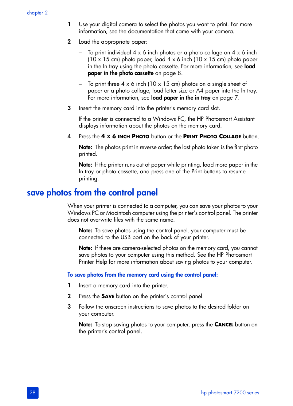 Save photos from the control panel | HP Photosmart 7200 Series User Manual | Page 32 / 64