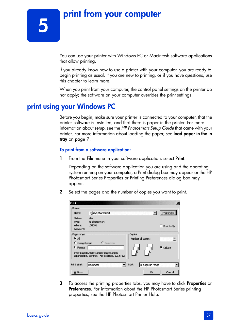 Print from your computer, Print using your windows pc | HP Photosmart 7200 Series User Manual | Page 41 / 64