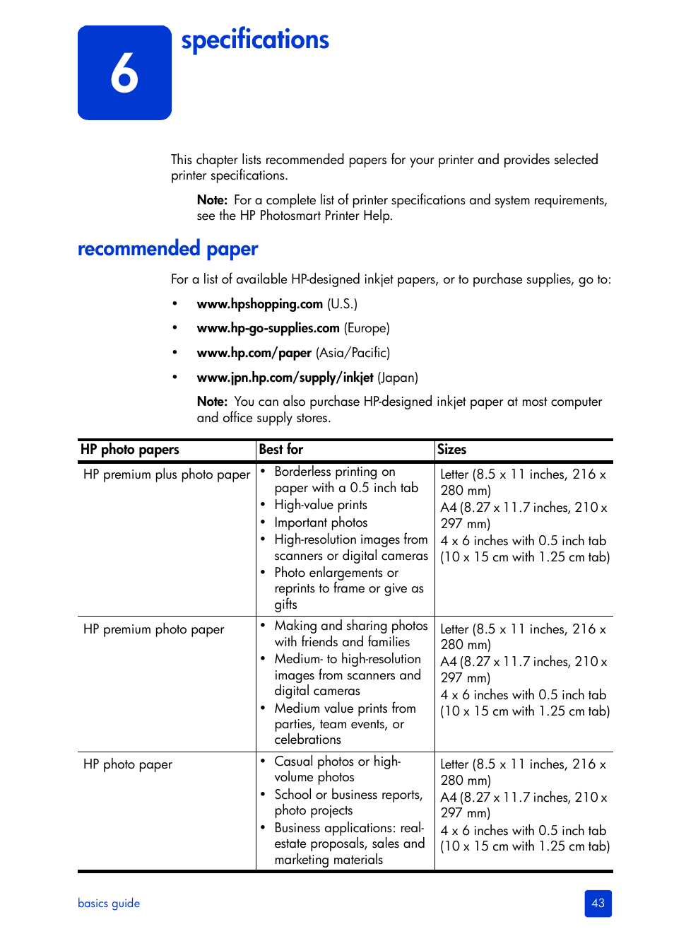 Specifications, Recommended paper | HP Photosmart 7200 Series User Manual | Page 47 / 64