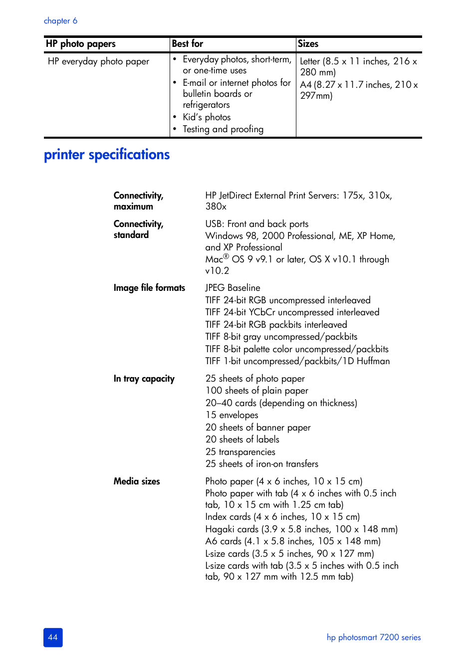 Printer specifications | HP Photosmart 7200 Series User Manual | Page 48 / 64