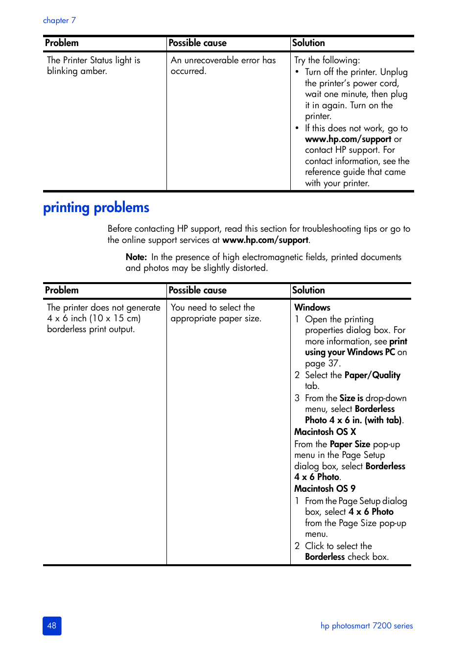 Printing problems | HP Photosmart 7200 Series User Manual | Page 52 / 64