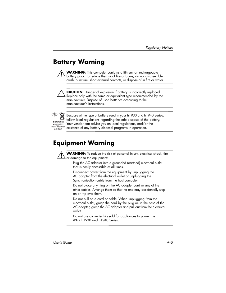 Battery warning, Equipment warning | HP H1930 User Manual | Page 117 / 127