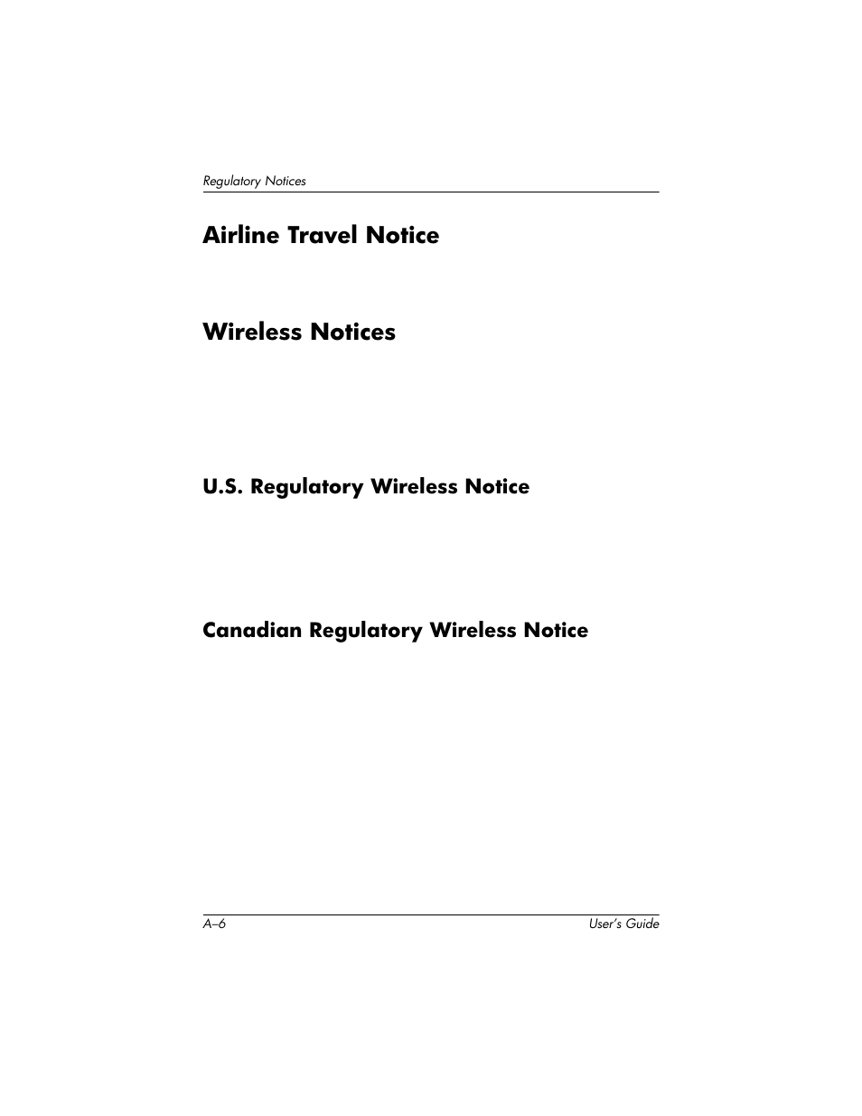 Airline travel notice, Wireless notices, U.s. regulatory wireless notice | Canadian regulatory wireless notice | HP H1930 User Manual | Page 118 / 127