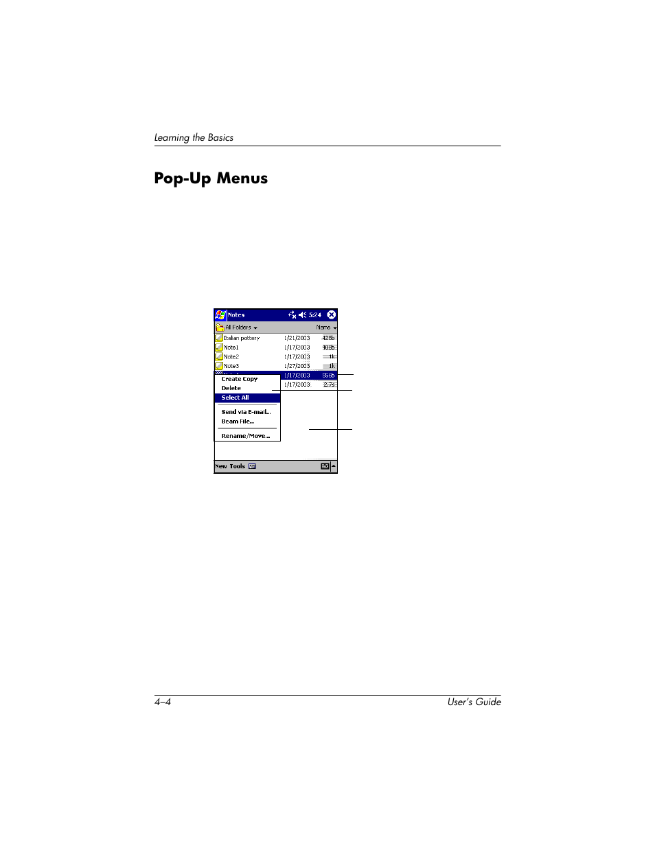 Pop-up menus, Pop-up menus –4 | HP H1930 User Manual | Page 40 / 127