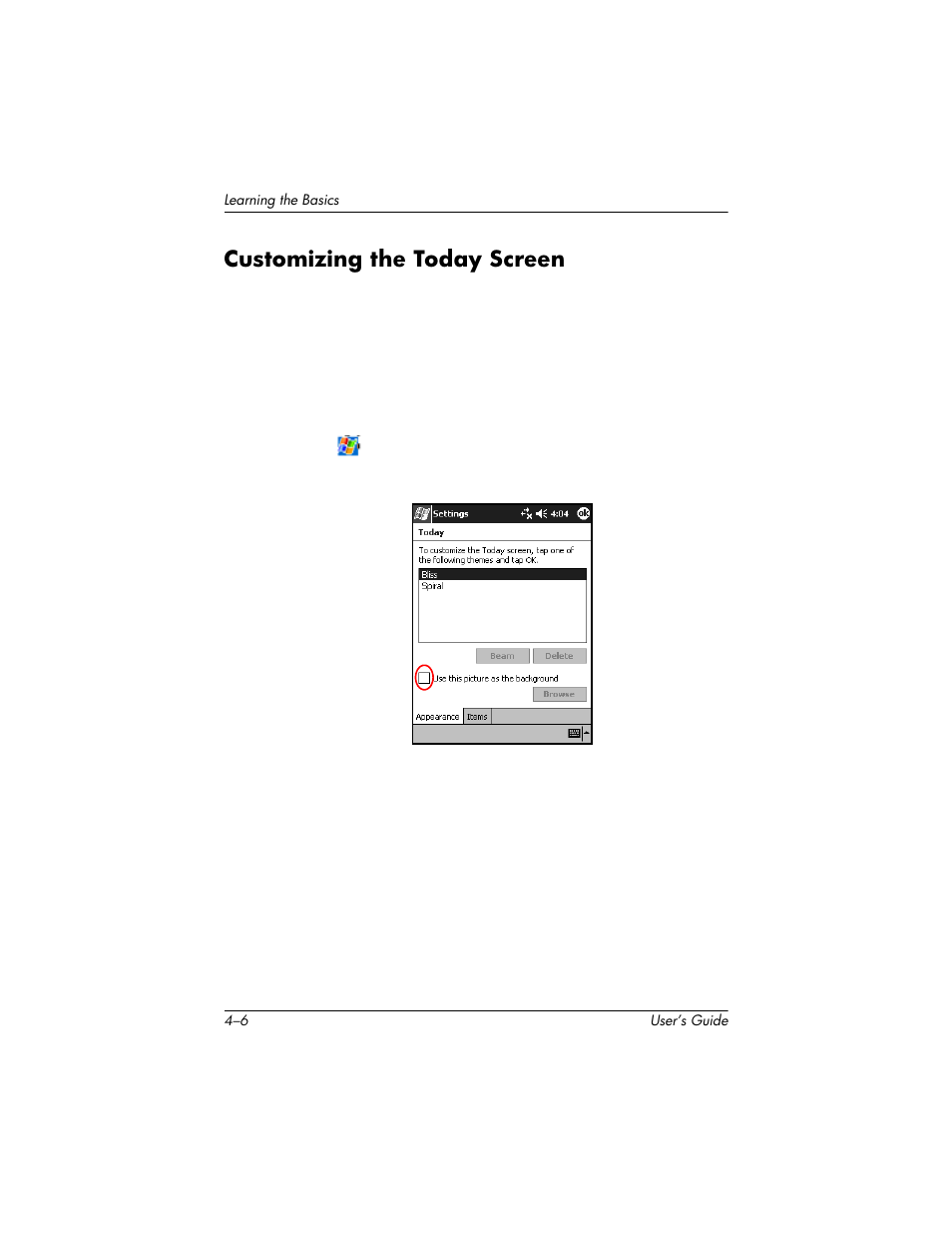 Customizing the today screen, Customizing the today screen –6 | HP H1930 User Manual | Page 42 / 127