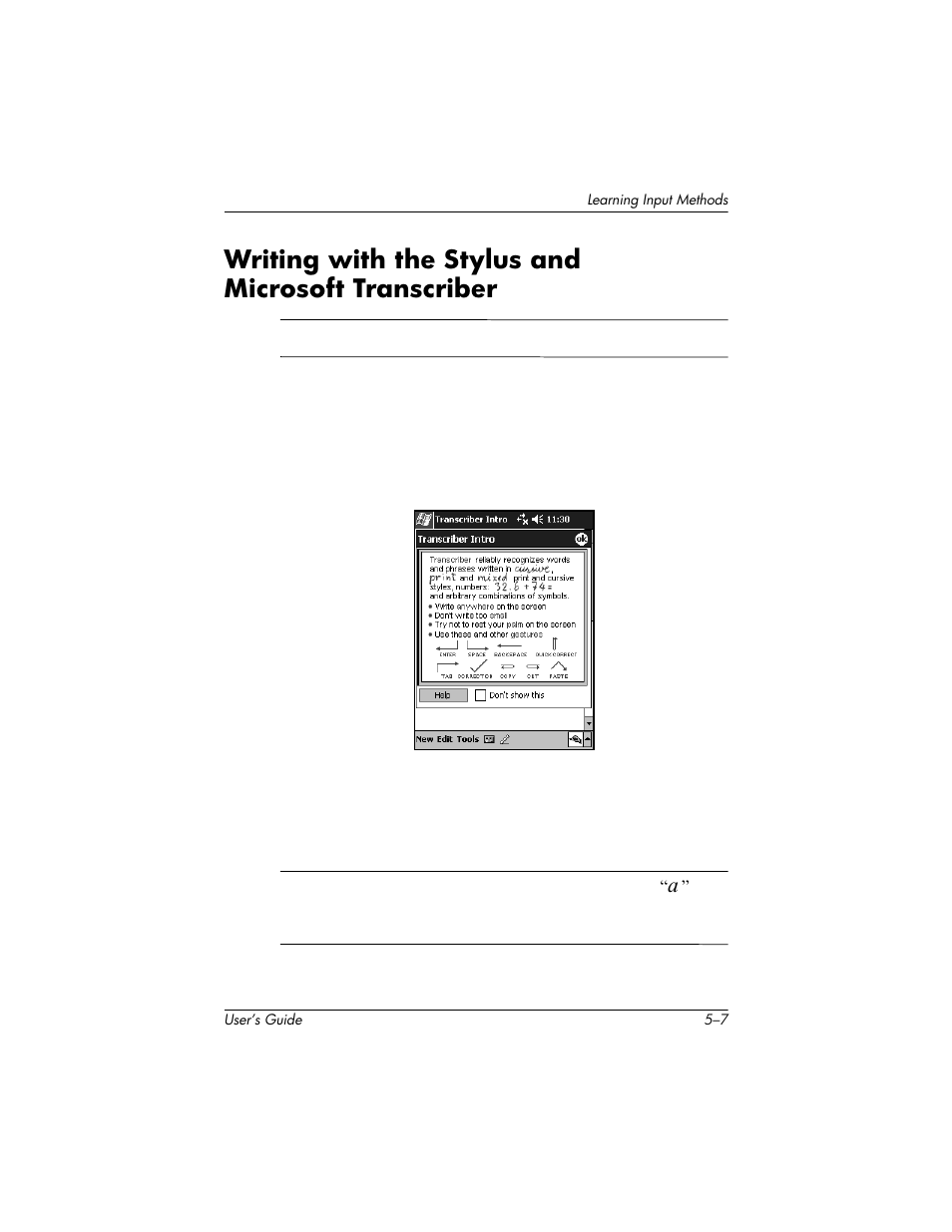Writing with the stylus and microsofttranscriber, Writing with the stylus and microsoft transcriber | HP H1930 User Manual | Page 63 / 127