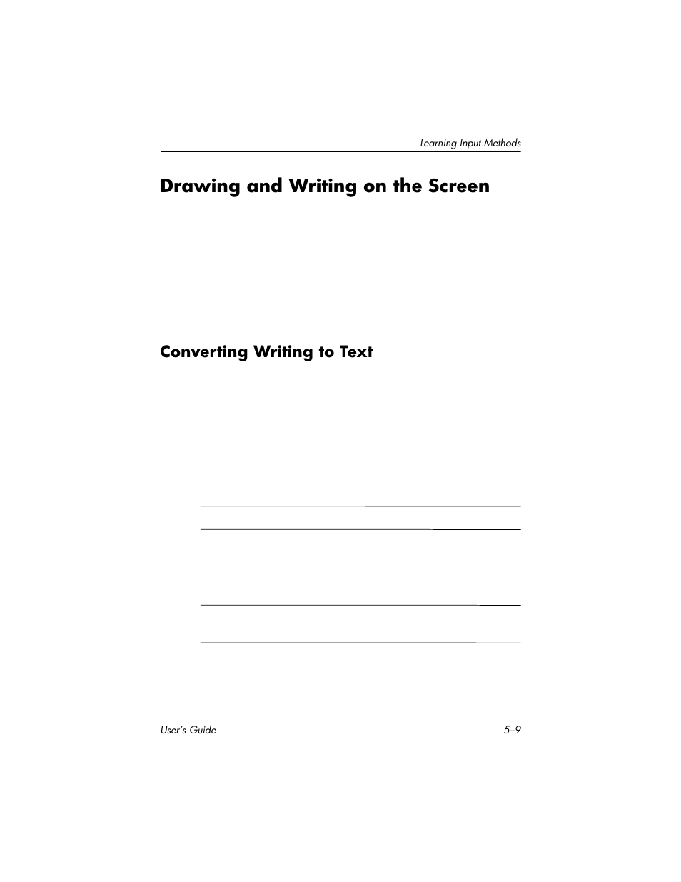 Drawing and writing on the screen, Converting writing to text, Drawing and writing on the screen –9 | Converting writing to text –9 | HP H1930 User Manual | Page 65 / 127