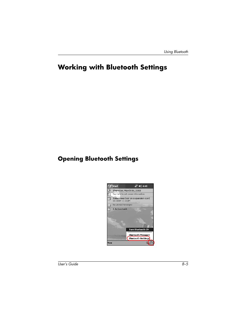 Working with bluetooth settings, Opening bluetooth settings, Working with bluetooth settings –5 | Opening bluetooth settings –5 | HP H1930 User Manual | Page 79 / 127