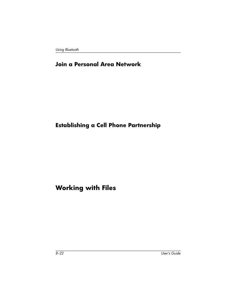 Join a personal area network, Establishing a cell phone partnership, Working with files | Working with files –22 | HP H1930 User Manual | Page 96 / 127