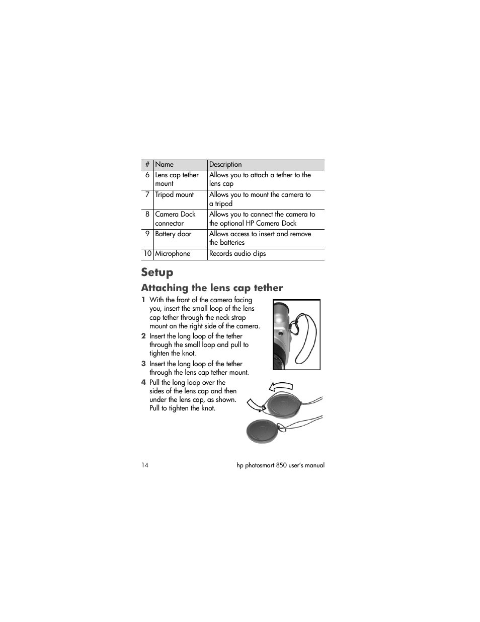 Setup, Attaching the lens cap tether | HP 850 User Manual | Page 14 / 112