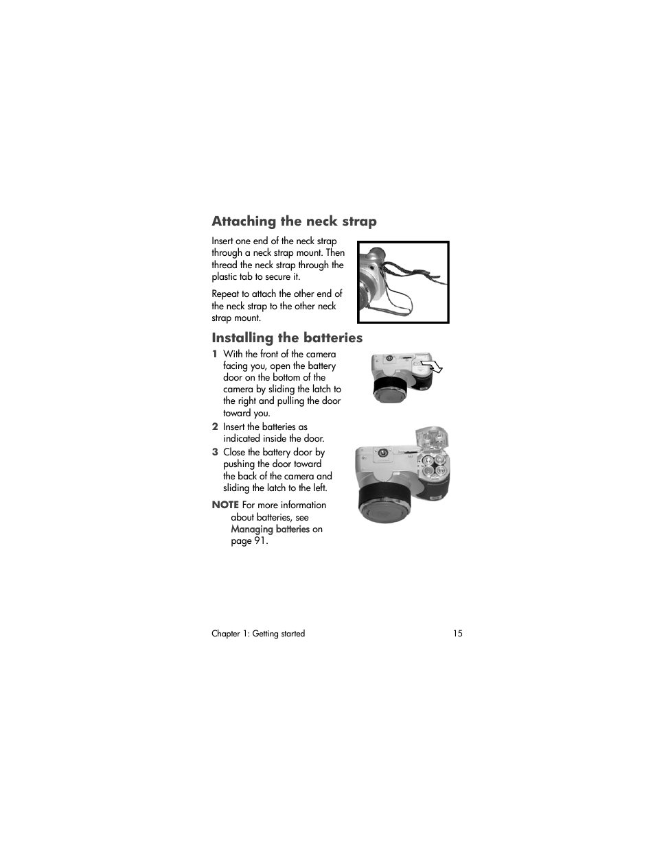 Attaching the neck strap, Installing the batteries | HP 850 User Manual | Page 15 / 112
