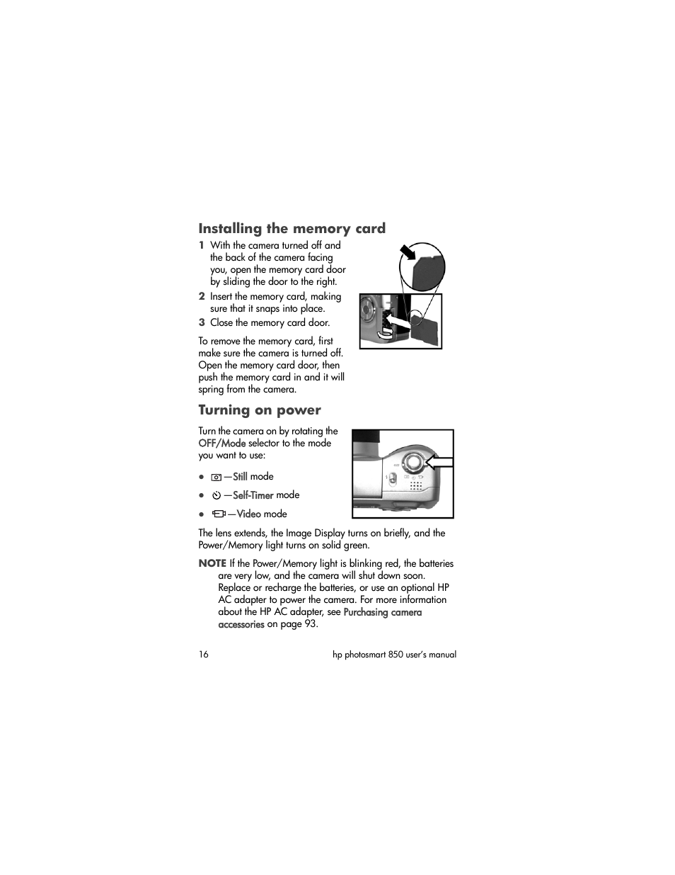 Installing the memory card, Turning on power | HP 850 User Manual | Page 16 / 112