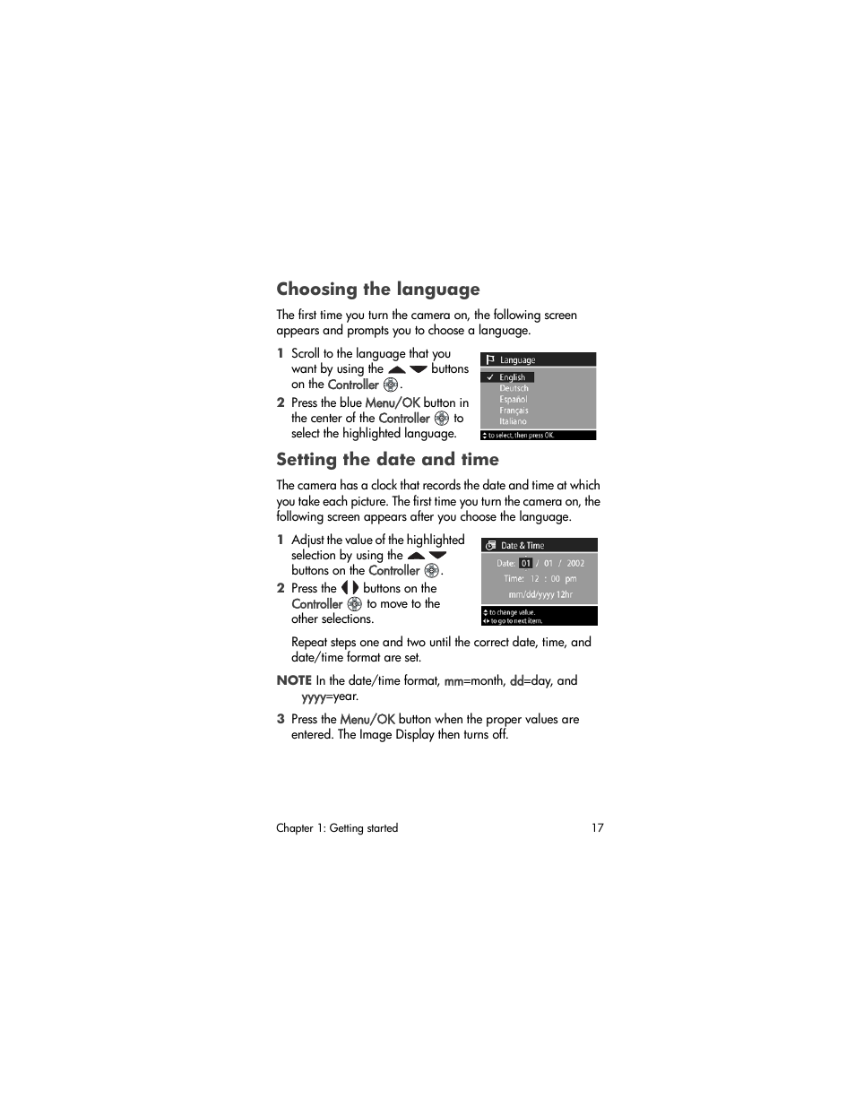 Choosing the language, Setting the date and time | HP 850 User Manual | Page 17 / 112