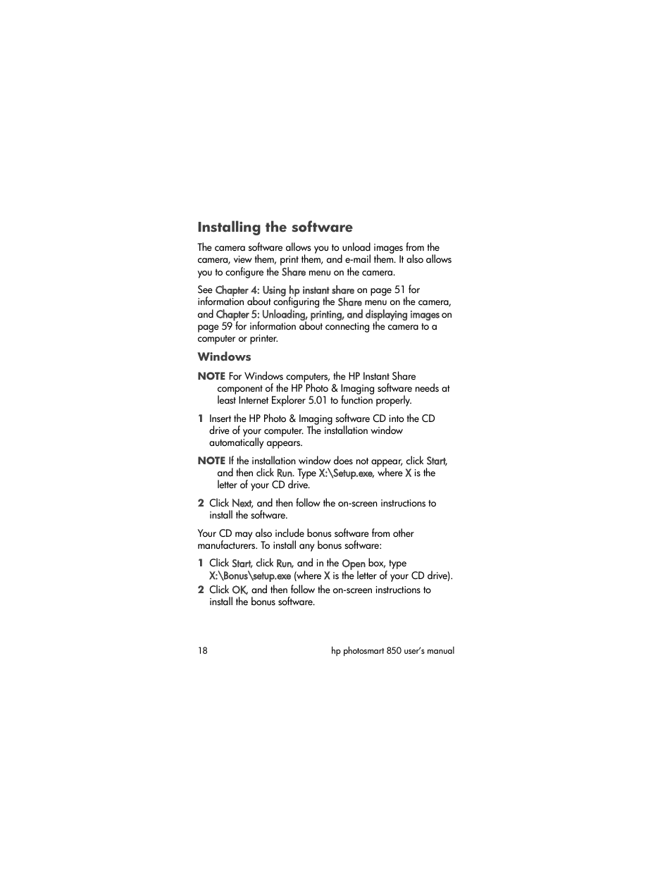 Installing the software, Windows | HP 850 User Manual | Page 18 / 112