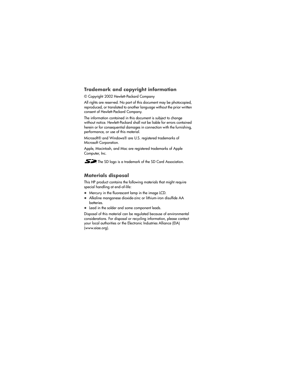 Trademark and copyright information, Materials disposal | HP 850 User Manual | Page 3 / 112