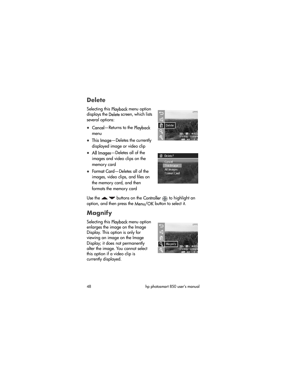 Delete, Magnify | HP 850 User Manual | Page 48 / 112