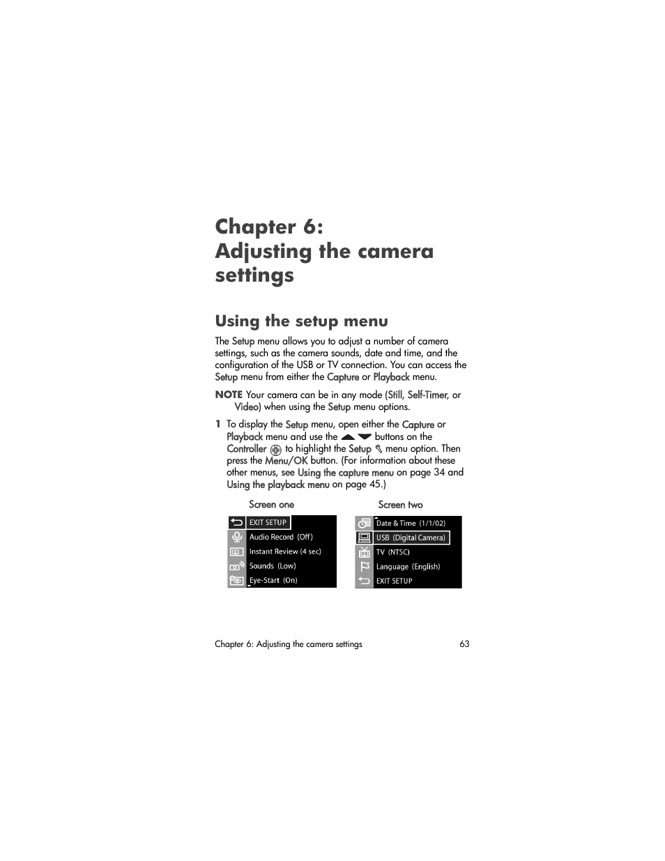 Chapter 6: adjusting the camera settings, Using the setup menu, Chapter 6 | Adjusting the camera settings, Using the, Setup menu, Chapter 6: adjusting the camera, Settings | HP 850 User Manual | Page 63 / 112