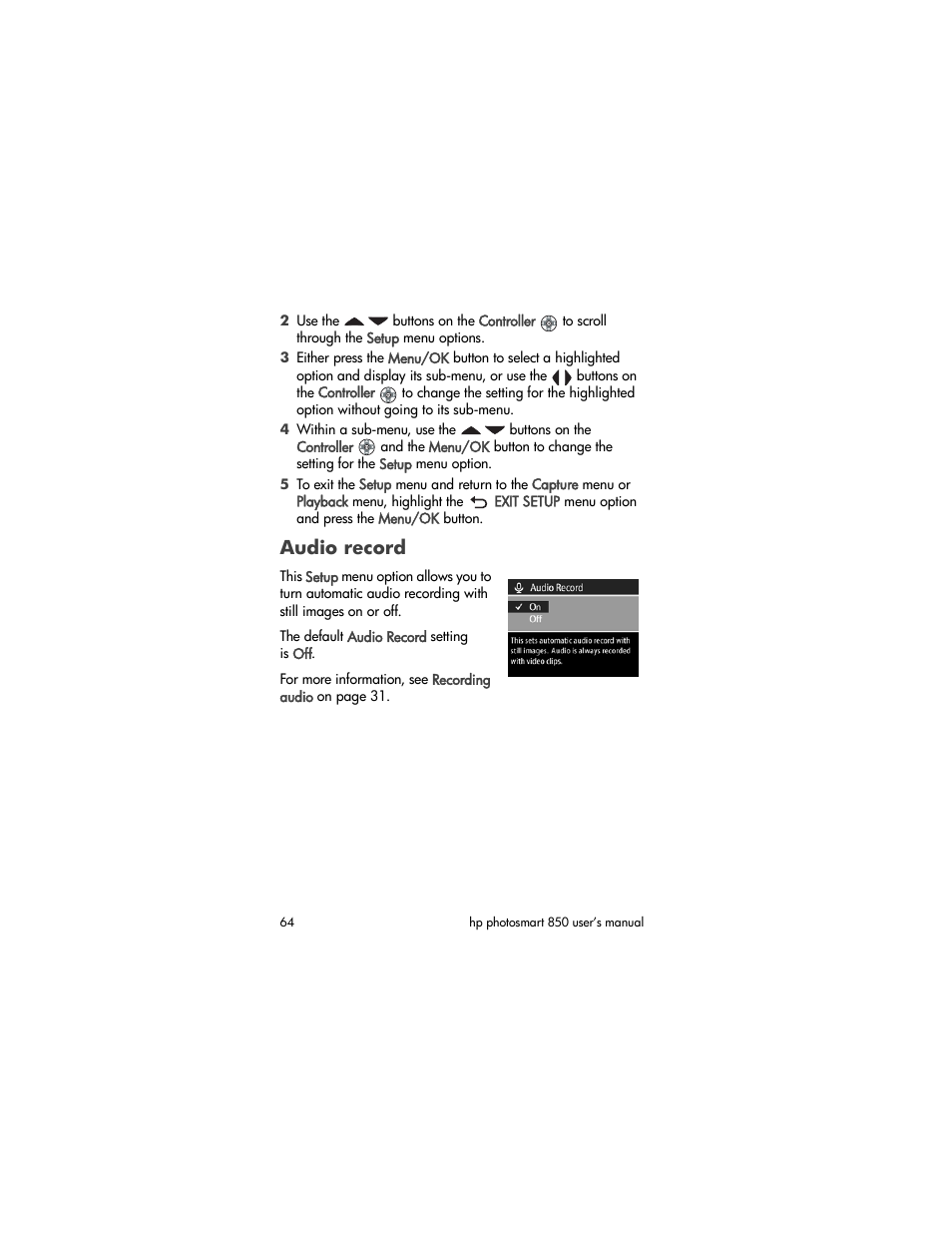 Audio record | HP 850 User Manual | Page 64 / 112