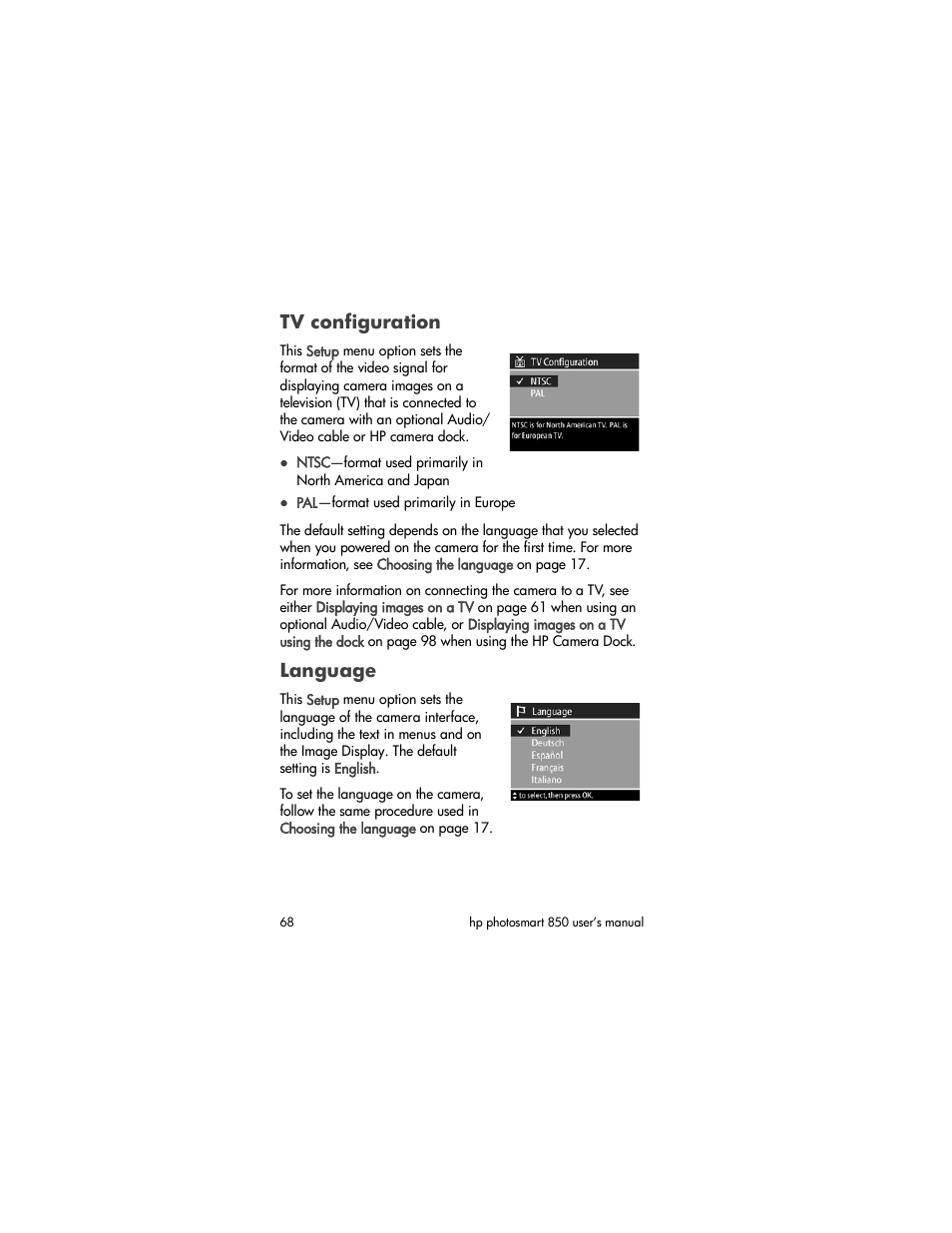 Tv configuration, Language, Configuration | HP 850 User Manual | Page 68 / 112