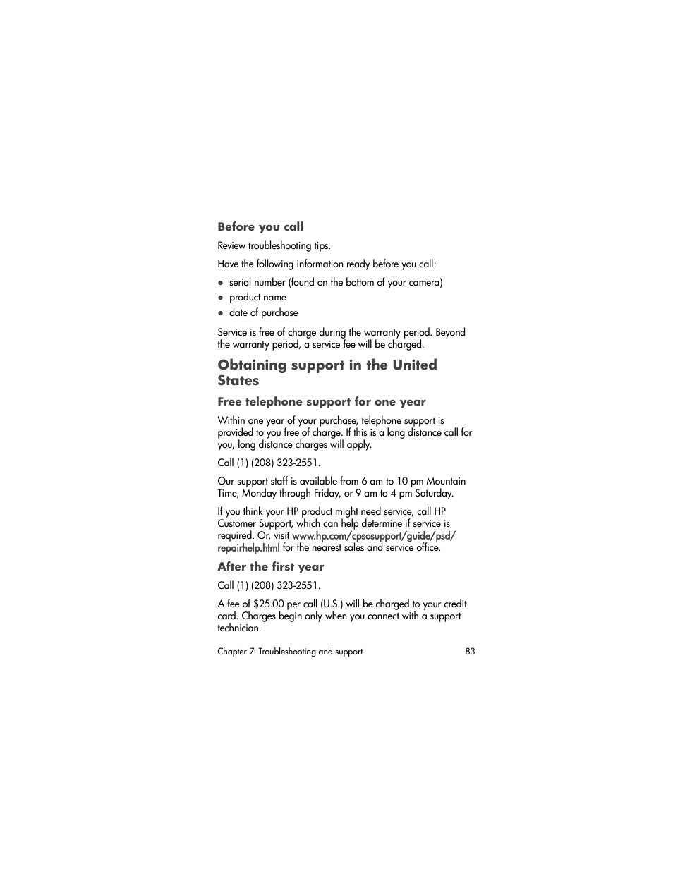 Before you call, Obtaining support in the united states, Free telephone support for one year | After the first year | HP 850 User Manual | Page 83 / 112